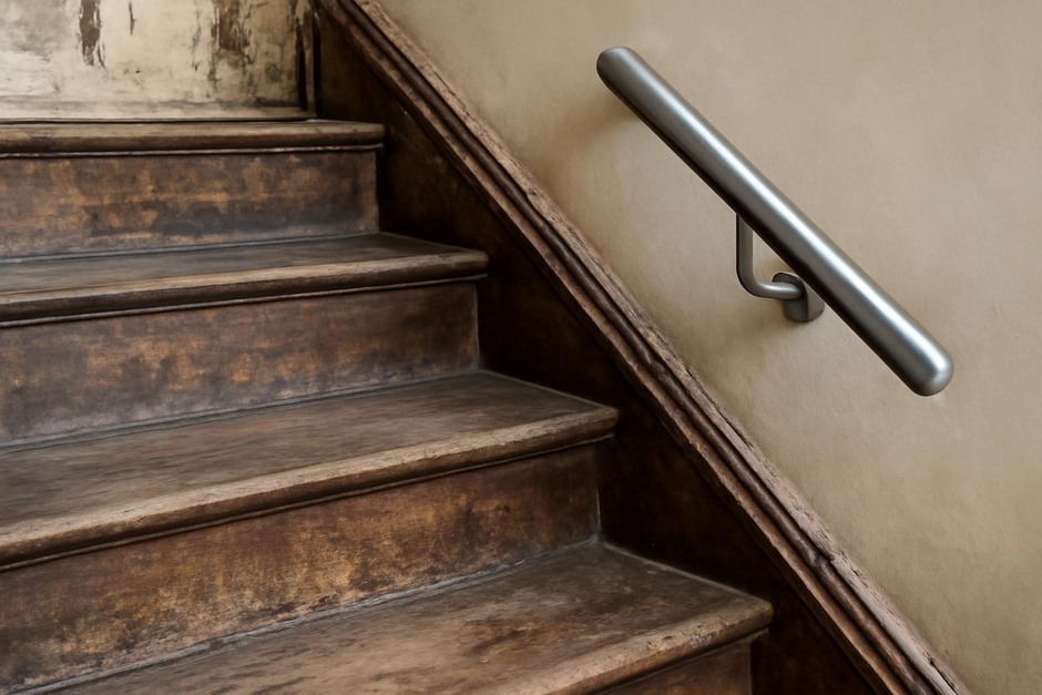 Detail of a well-worn wooden stair and a modern handrail