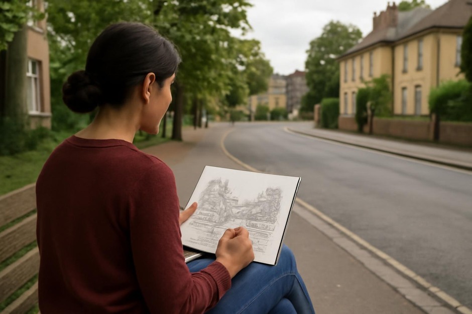 Person sitting on a bench sketching a quiet street scene