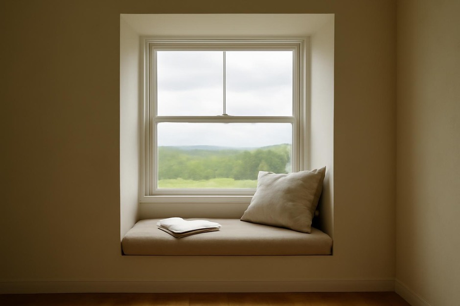 A simple built-in window seat tucked into a deep sash, with cushions and a book