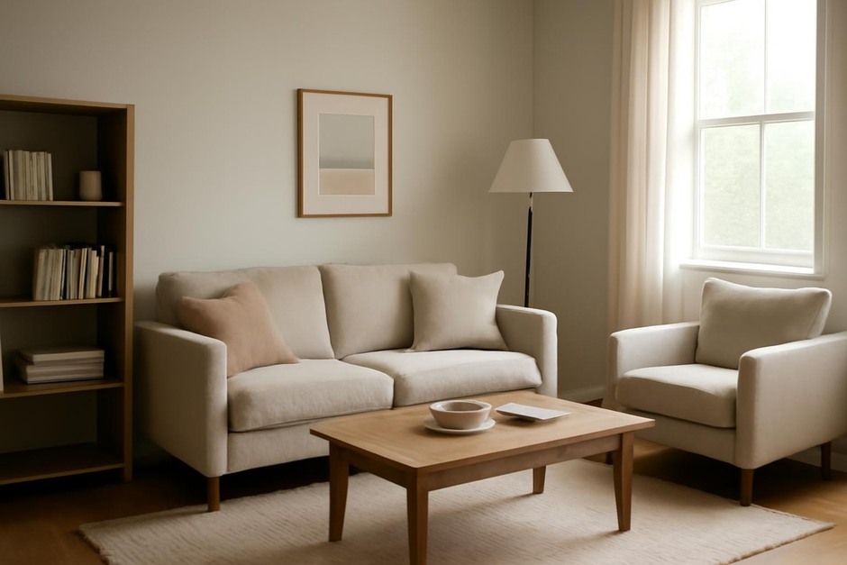 A softly lit small living room with clear circulation and modest furnishings